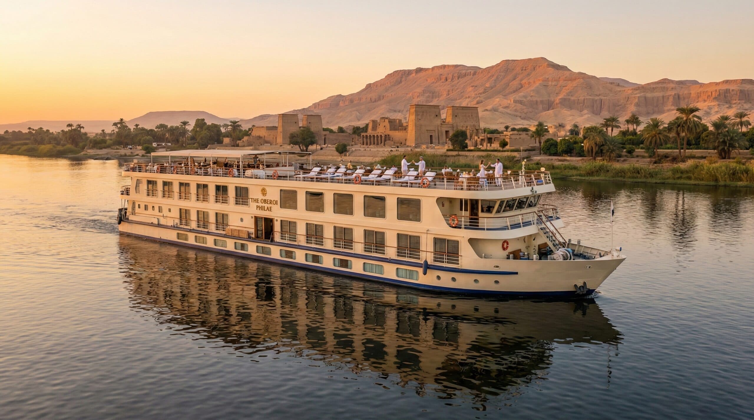 Luxury Nile cruise ship sailing from Aswan to Luxor at sunset
