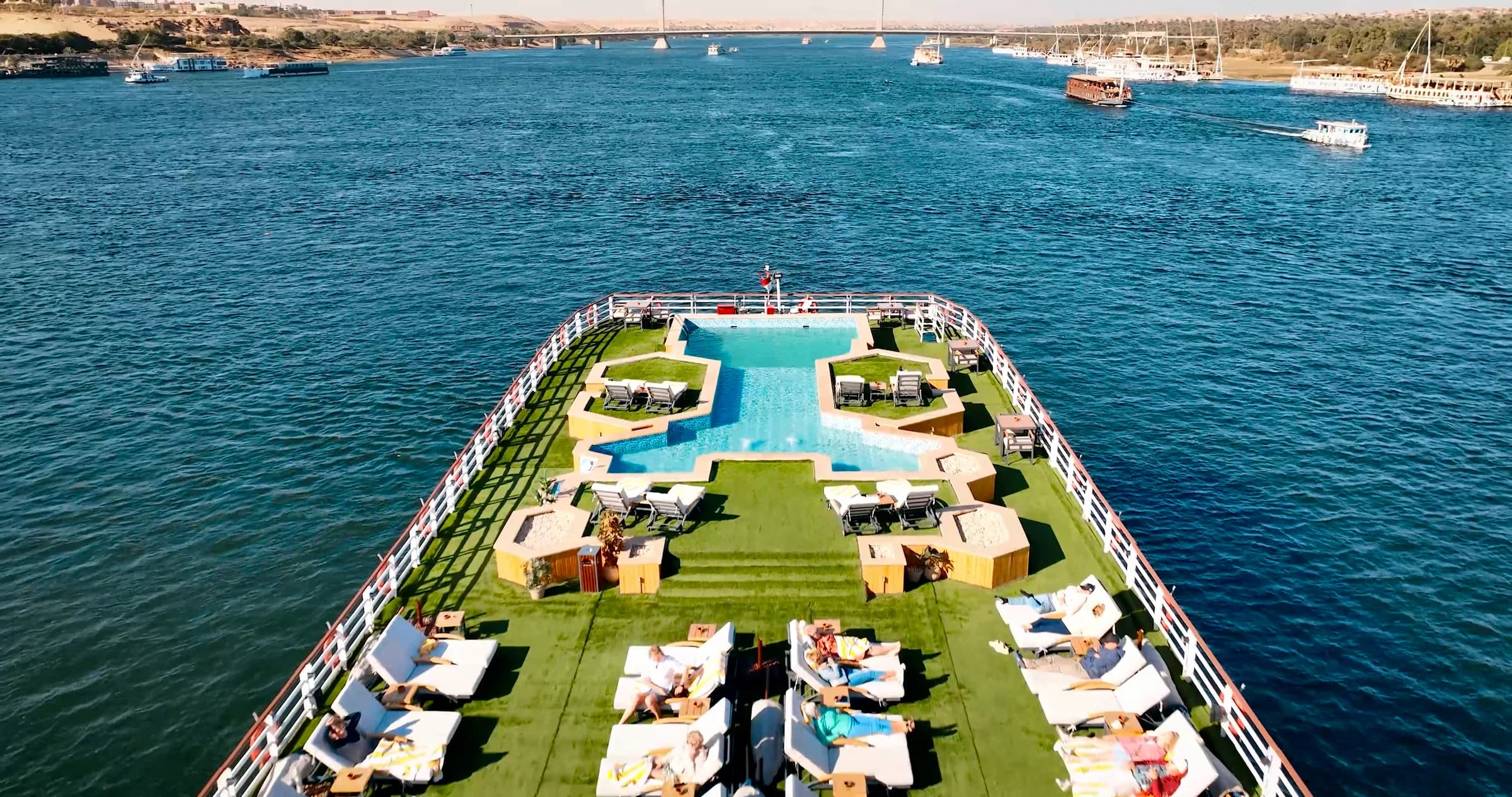 Aerial view of the M/S Alma sun deck and swimming pool