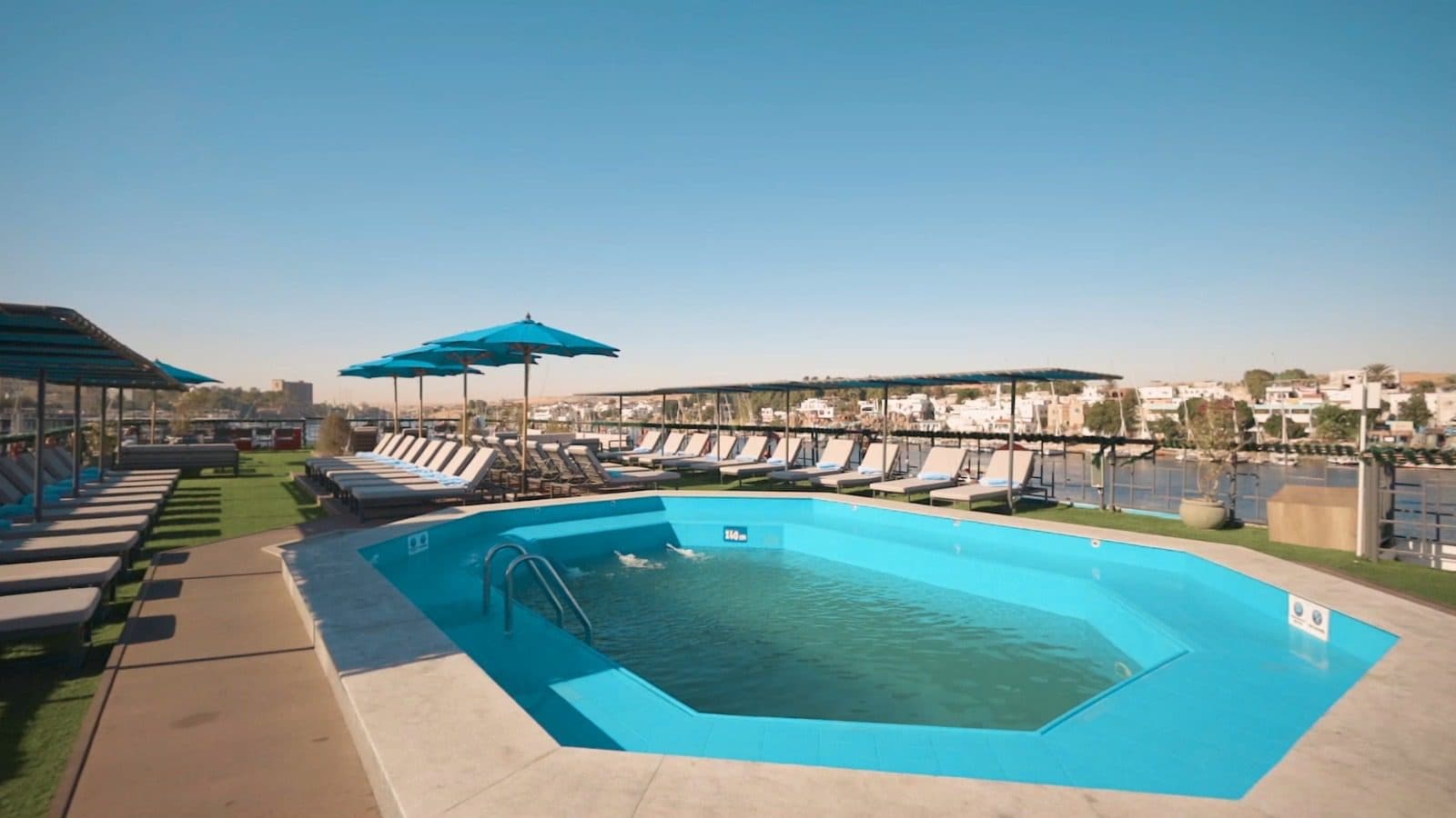 Swimming pool and sun deck aboard a luxury Nile cruise ship in Aswan